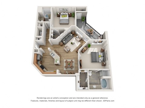 Floor plan for 2 beds, 2 baths, 1271 sqft